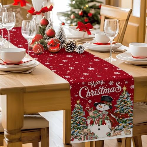 Ldtrchee Red Snowman Christmas Table Runner 13 x 120 In Cotton Linen, Winter Snowflake Decor