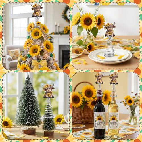 Sunflower Highland Cow Miniature Tree Topper - 5.1" Resin Spring Base Decor