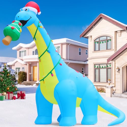 10FT Christmas Dinosaur Inflatable Yard Decor with Christmas Tree Lights