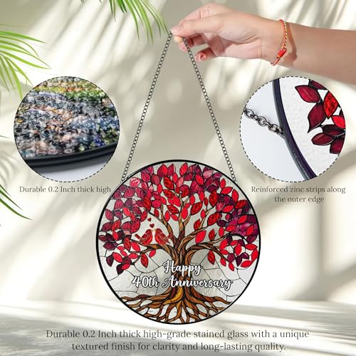 40th Wedding Anniversary Stained Glass Suncatcher - Ruby Tree of Life Gift