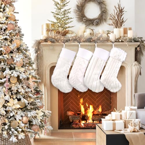 Teeanzo White 4-Pack Christmas Plush Stockings 18 Inch Faux Fur Holiday Decor