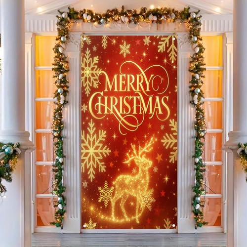 Golden Reindeer Christmas Door Cover 71x35 Inch Winter Holiday Banner for Front Porch, Indoor & Outdoor Decor