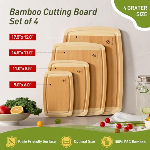 Socisen 4-Piece Bamboo Cutting Board Set with Non-Slip Feet – 17.5 x 12 in, Two-Tone