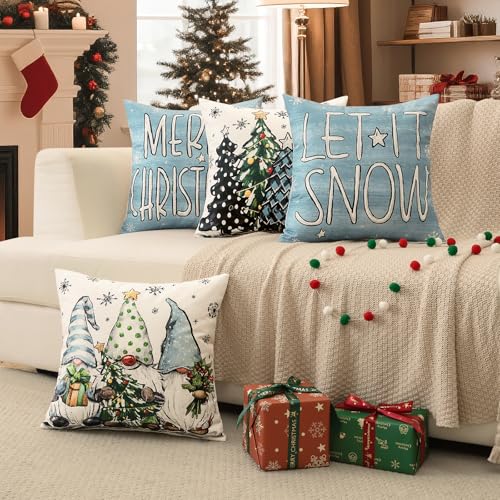 OTOSTAR Merry Christmas Throw Pillow Covers 18x18 in. Light Blue – Set of 4, Xmas Tree Let It Snow Snowflake