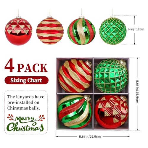 Alupssuc 6'' Christmas Ball Ornaments Set of 4 - Red, Green & Gold