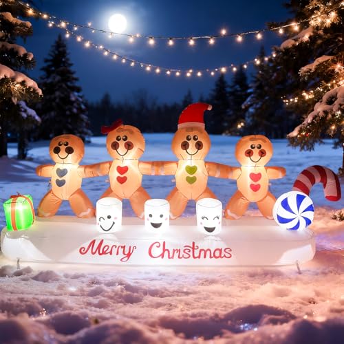 PopInflate 10 ft Gingerbread Christmas Inflatable with 4 Hands in Hand (Variation: Gingerbread) – Built-in 10 LED Lights