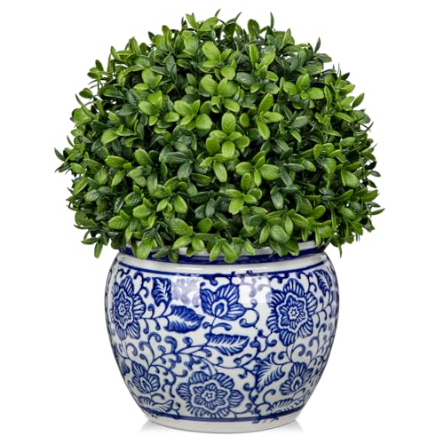 Artificial Boxwood Topiary Ball in Blue and White Ceramic Pot 10-Inch