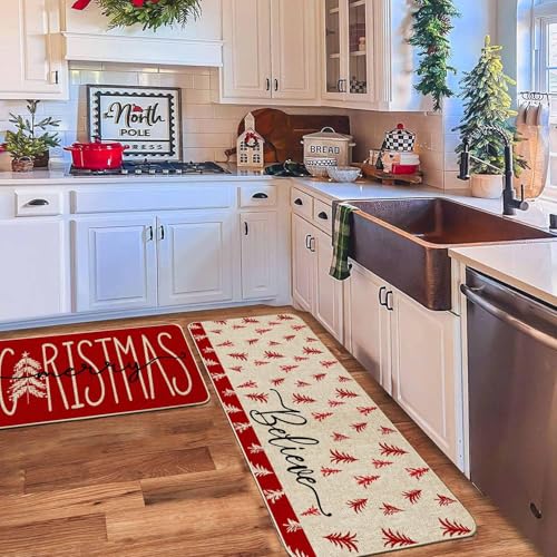 Baccessor Christmas Kitchen Rugs Set of 2, 17x29 & 17x47 Burlap Xmas Tree Mats