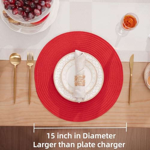 Red Braided Cotton Placemat Set of 4 - Washable Table Mats for Dining & Holidays