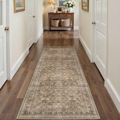 2x6 Vintage Distressed Brown Runner Rug, Washable Non-Slip Hallway Mat