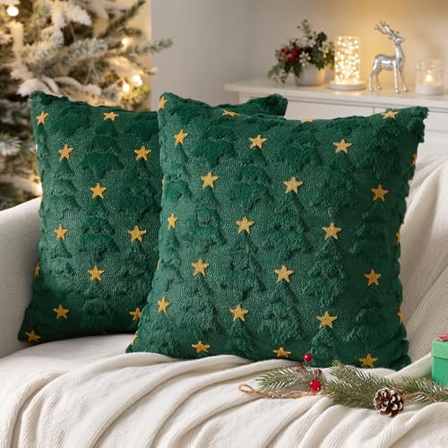 MIULEE Christmas Pillow Covers 18x18 Inch Set of 2, Dark Green Christmas Tree Plush Faux Fur Pillowcases Soft Decorative Throw Pillow Cases for Couch Sofa Living Room Winter Xmas Holiday Home Decor