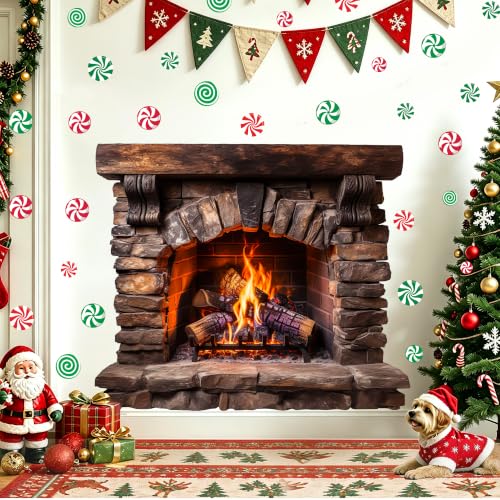 Brown Large Fireplace Wall Decal - 3D Christmas Mantel Stickers Peel & Stick