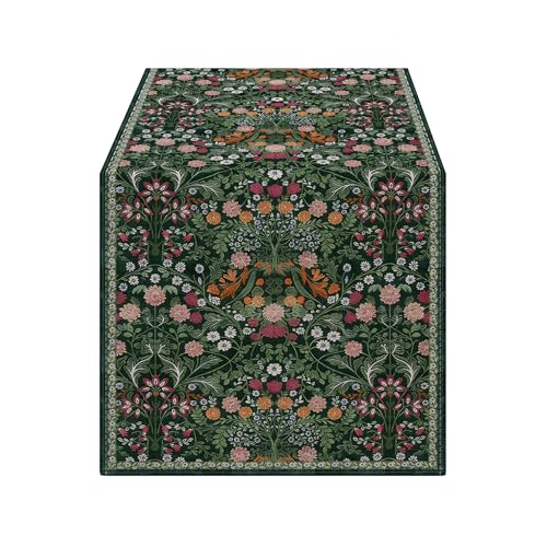 OYIMUA Blossoms Chenille Waterproof Table Runner 13x72 inches for Dining & Decor, Dark Green Floral Summer Rustic