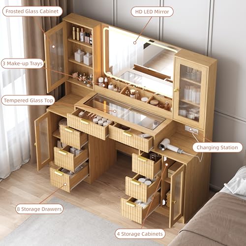 55" Large Makeup Vanity Desk with Lighted Mirror, Charging Station & Storage