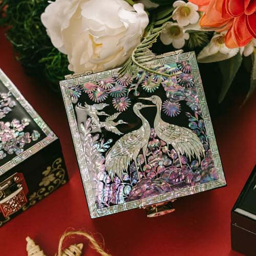 February Mountain Mother-of-Pearl Jewelry Box with Crane Variation - Handcrafted Black Lacquered Keepsake Storage, Red Velvet Interior, Gift for Women