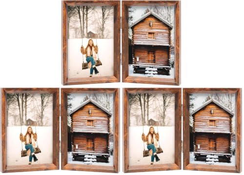 TOFOREVO Rustic Brown 5x7 Double Picture Frame Pack of 3 - Hinged Beveled Wooden Photo Frame for Desktop & Wall Display