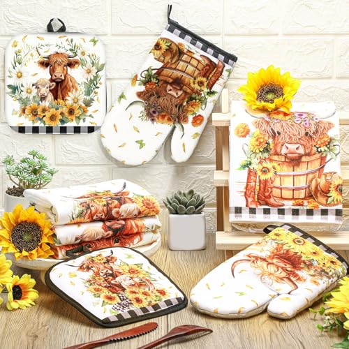 8-Piece Sunflower Highland Cow Kitchen Set: Towels, Oven Mitts & Pot Holders