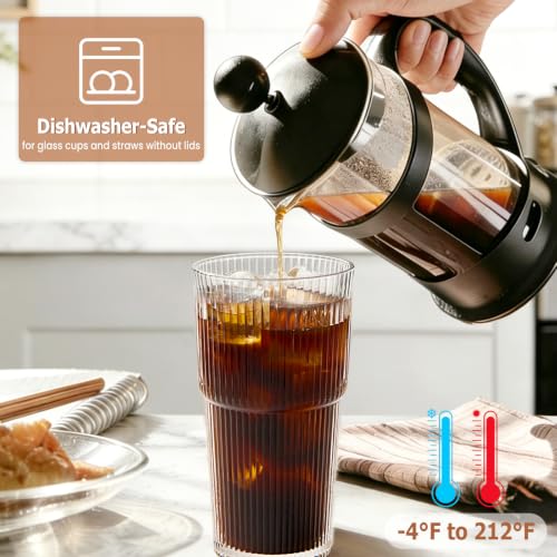 20 oz Ribbed Glass Tumblers with Lids and Straws, 4-Pack Iced Coffee Cups