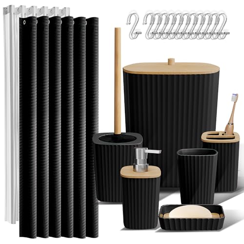 20-Piece Black Bathroom Accessory Set with Shower Curtain and Bamboo Accents