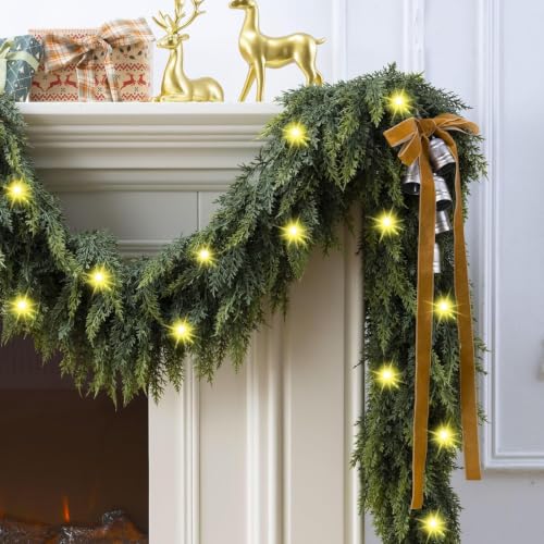 KIWDY 5FT Lit Cedar Garland with Lights - Realistic Faux Pine Deco for Mantle, Indoor/Outdoor