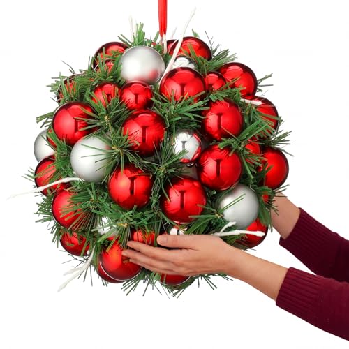 10" Christmas Kissing Ball Decor, Red Silver White Ball Ornament