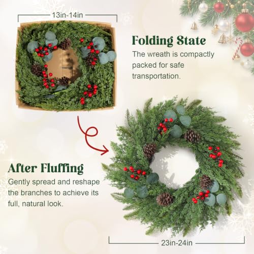 1 Pc 24-Inch Artificial Christmas Wreath with Lights for Front Door - Holiday Decor