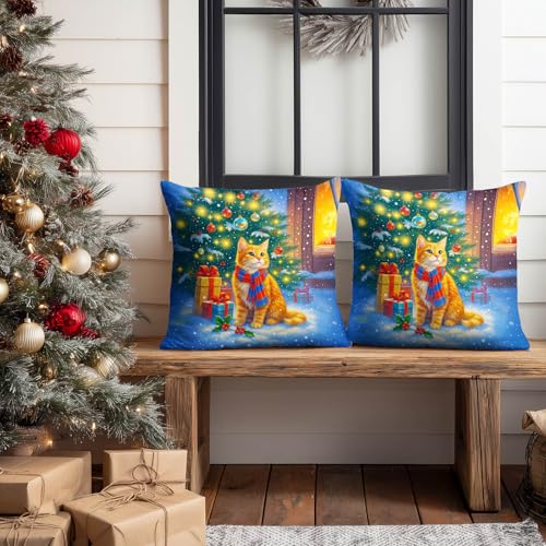 HOMETITUTE Christmas Cat Throw Pillow Covers Set of 2 18x18 Inches - Winter Holiday Decor