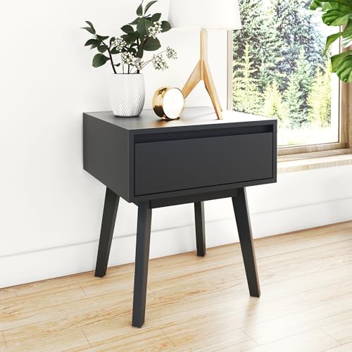 Scandinavian Solid Wood Nightstand with Drawer, Black