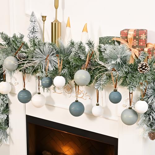 Waipfaru 14Pcs Neutral Textured Christmas Ball Ornaments, 2.36"/3.15", White Gray Dark Blue – Shatterproof, Coastal Winter Twilight