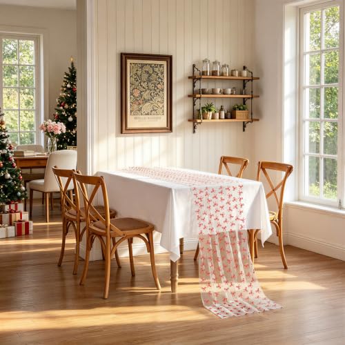 Beige Red Bow Tulle Table Runner 29x120 Inch Elegant Wedding Decor
