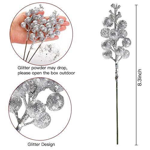 Sggvecsy Silver Christmas Glitter Berries Stems - 30 Pack Holiday Decor
