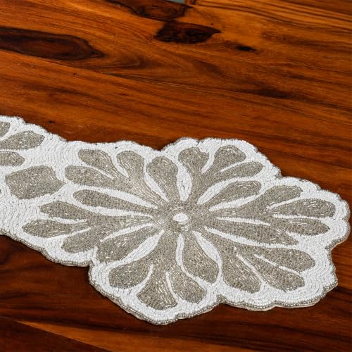 CLEENTABLE Beaded Table Runner 36x13 inches - White Silver Decor