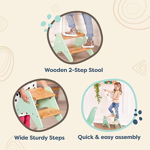 Kids Wooden Step Stool with Wide Textured Steps - Mint, Supports Up to 70kg