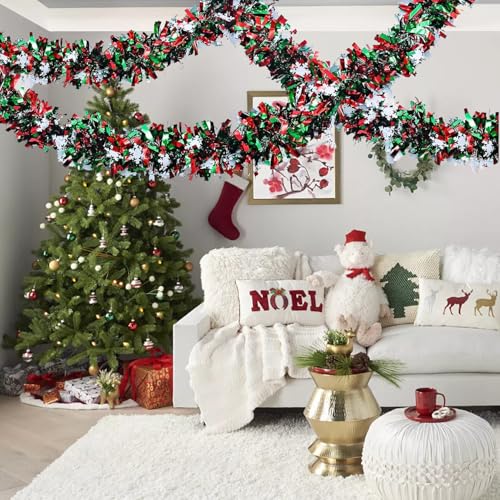 50ft Christmas Metallic Tinsel Garland with Snowflakes - Red and Green