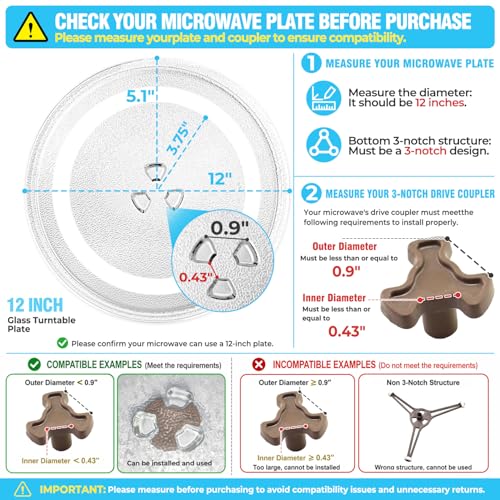 12-Inch Microwave Turntable Glass Plate Replacement with 3-Notch Coupler