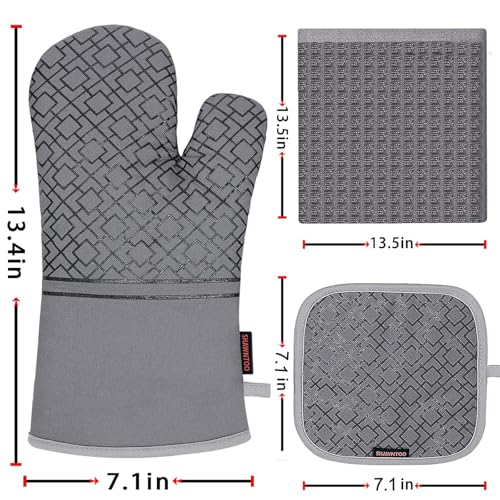 6-Piece Heat-Resistant Oven Mitts, Pot Holders, and Kitchen Towel Set - Grey