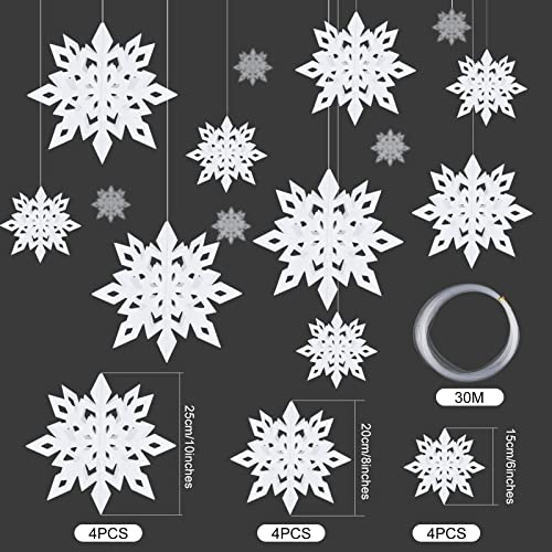 MIAHART White 12-Pack 3D Snowflake Hanging Garlands - Large Pearl Paper Winter Decor (Variation: White)