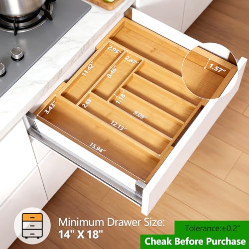 Expandable Bamboo Silverware Drawer Organizer - Adjustable Cutlery Tray