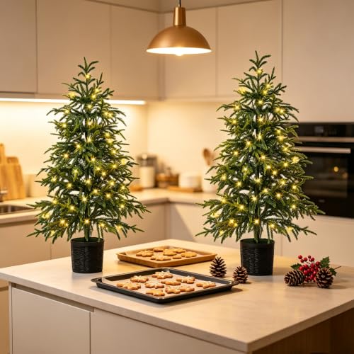 Juegoal 3FT Pre-Lit Artificial Norfolk Christmas Tree Pair with 8 Lighting Modes