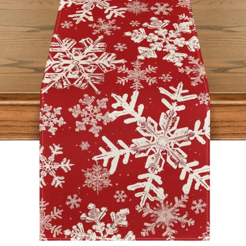 Snowflakes Christmas Table Runner 13x108 Inch Red Holiday Decor