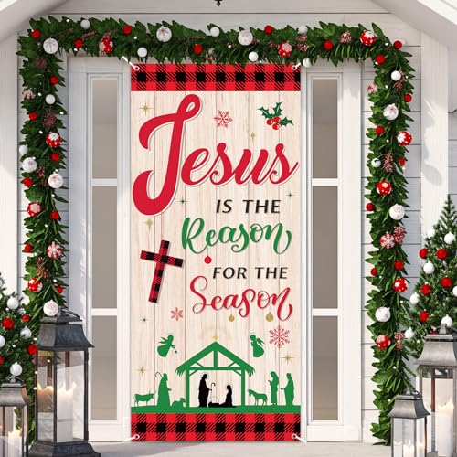 Christmas Religious Door Cover Jesus Is the Reason for the Season 79x35 Inches