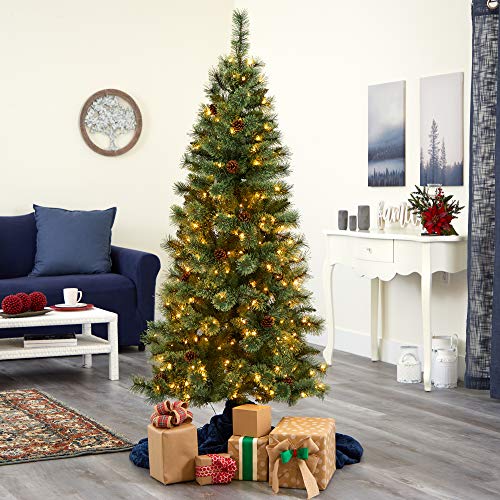Nearly Natural 6ft Pre-Lit Slim Pine Artificial Christmas Tree - 300 LEDs, Metal Stand