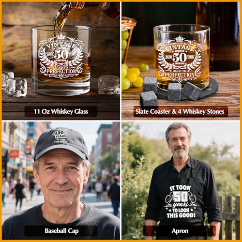50th Birthday Gift Set for Men Whiskey Glass & Accessories - 11 Oz, Humor & Fun
