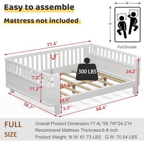 Full Size Montessori Bed Frame with Detachable Rails, Solid Wood Low Profile