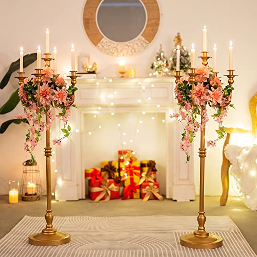 Sziqiqi 50in Gold Floor Candelabra Candle Holders for Weddings, 5-Arm, 2 Pieces