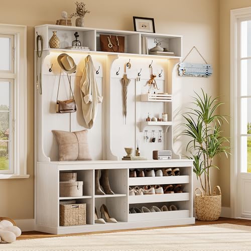 70-Inch Large Hall Tree with Bench and LED Lights, Farmhouse Entryway Storage