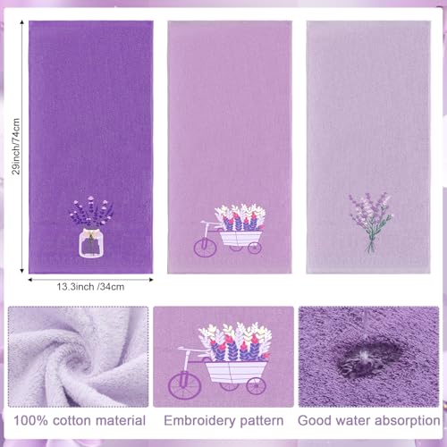 Lavender Floral Hand Towels - 3 Piece Set, 14x29 Inch Soft Cotton Bath Towels
