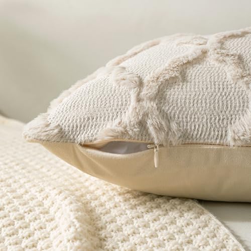 Set of 2 Moroccan Faux Fur Throw Pillow Covers 18x18 Inch Beige Boho