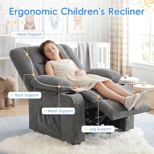 Kids Recliner Chair with Cup Holders and Side Pockets, Adjustable Toddler Sofa