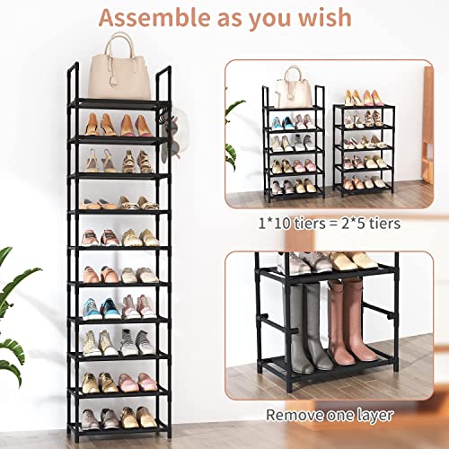 10-Tier Tall Narrow Shoe Rack Organizer with Hooks, Fits 20-25 Pairs